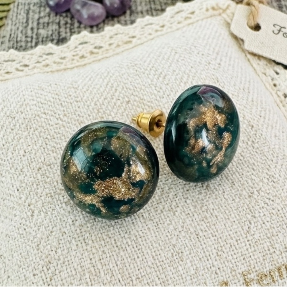 Nebula Forest Sparkle Glass Earrings in Green & Gold 🌌